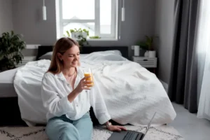 girl_sits_floor_bedroom_use_laptop_remote_work_drink_orange_juice_1.webp.webp